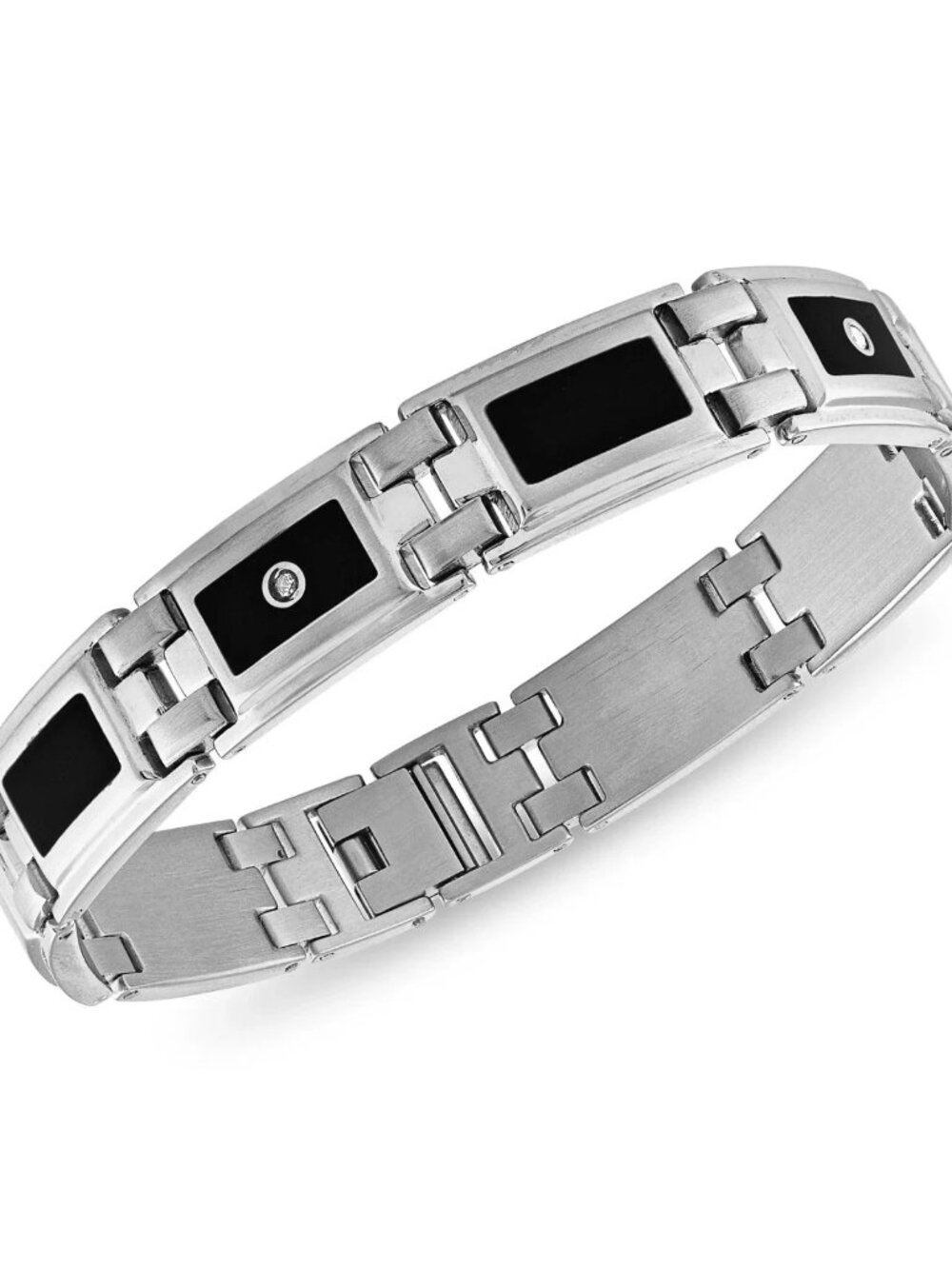 Mens 1/8 CT T.W. Diamond & Black Enamel Bracelet Stainless Steel Black/White